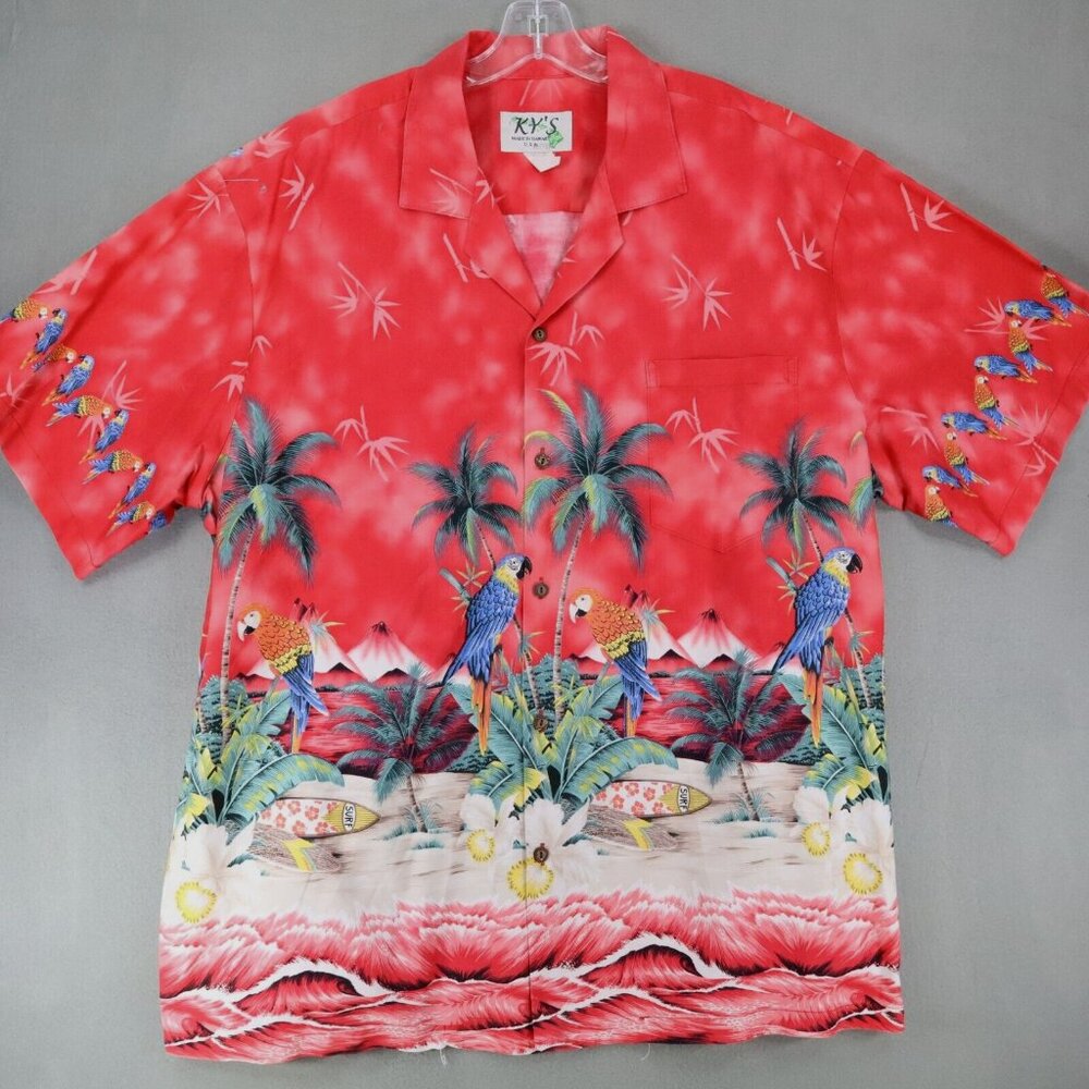 VINTAGE KY's Hawaiian Shirt‎ Mens 2XL Red Colorful Floral Palm Beach Parrots USA